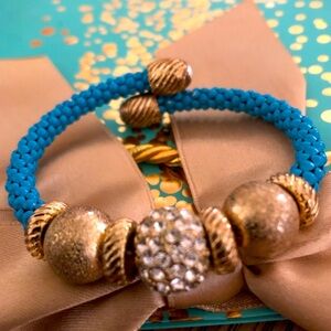 Vintage Bracelet - Blue Bead With Gold Rhinestone Beads, Cuff Style Adjustable